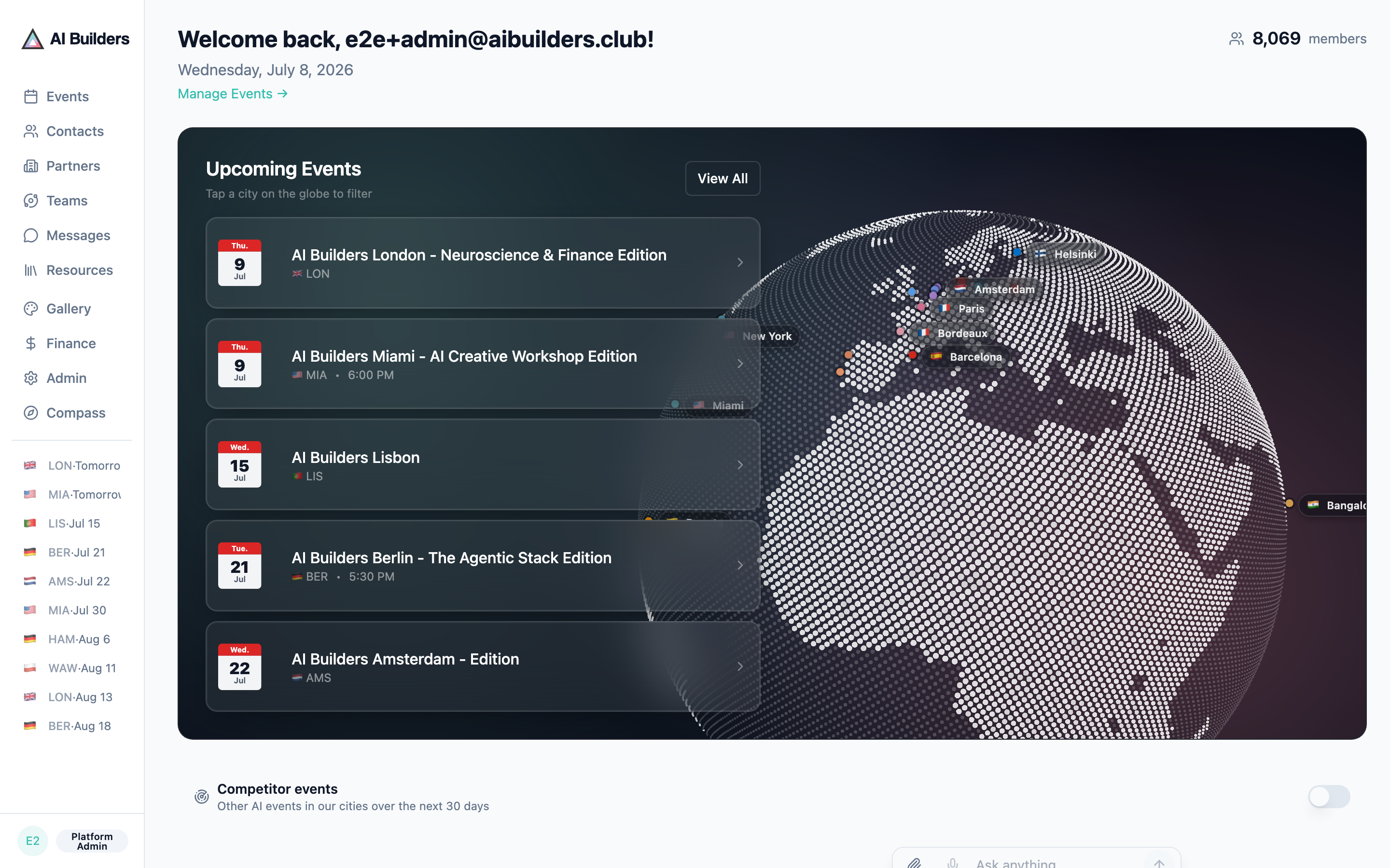 Clubria dashboard: upcoming events in London, Miami, Lisbon, Berlin, and Amsterdam beside a globe of the cities that are active.